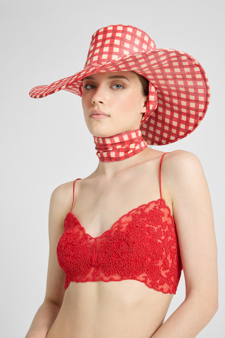 Wide-Brim Hat with Crepe de Chine Silk Scarf Bow in White and Red Vichy Print
