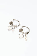 Hoop earrings with pearls, coins, and heart charm