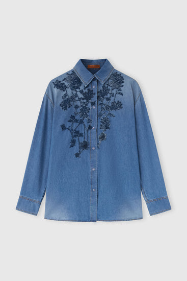 Camicia in denim di cotone con ricamo floreale