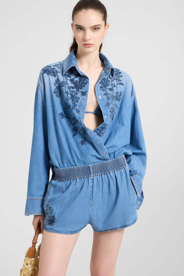 Camicia in denim di cotone con ricamo floreale