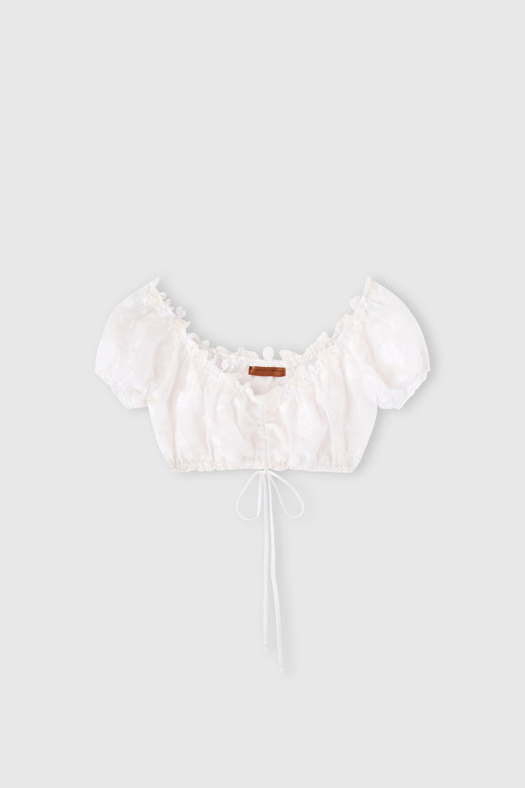 Top a fascia in voile di cotone con ricamo pixel e pizzo