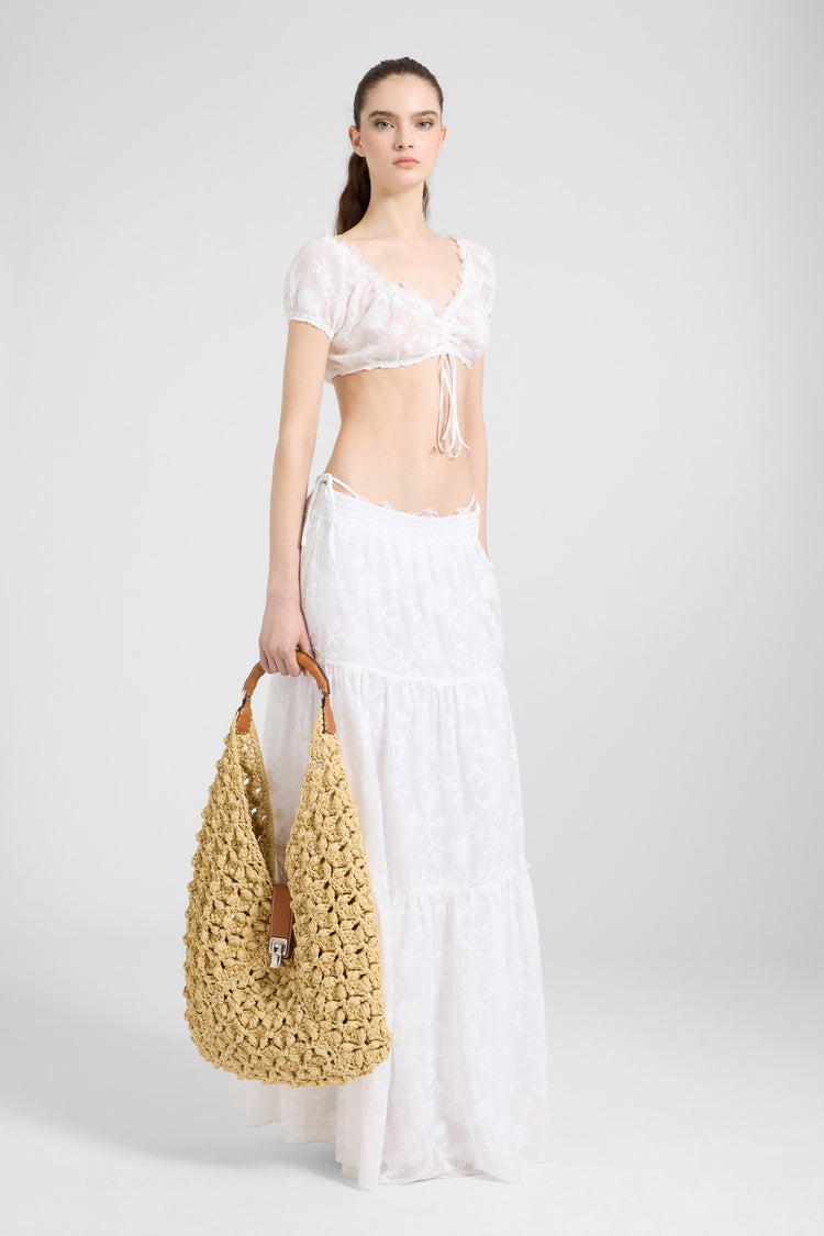 Top a fascia in voile di cotone con ricamo pixel e pizzo