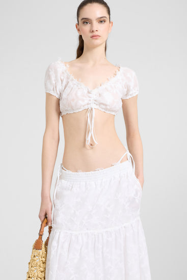 Top a fascia in voile di cotone con ricamo pixel e pizzo