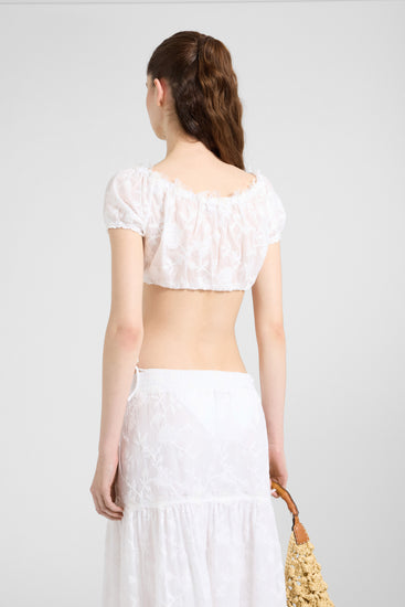 Top a fascia in voile di cotone con ricamo pixel e pizzo