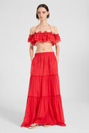 Top a fascia in seta e cotone con volant e pizzo rebrodé