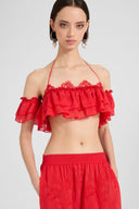 Top a fascia in seta e cotone con volant e pizzo rebrodé