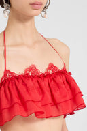 Top a fascia in seta e cotone con volant e pizzo rebrodé