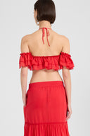 Top a fascia in seta e cotone con volant e pizzo rebrodé