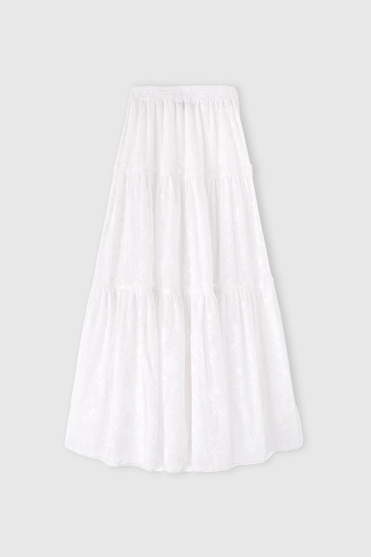 Gonna lunga in voile di puro cotone con coulisse e balze