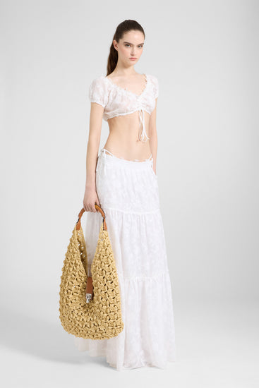 Gonna lunga in voile di puro cotone con coulisse e balze