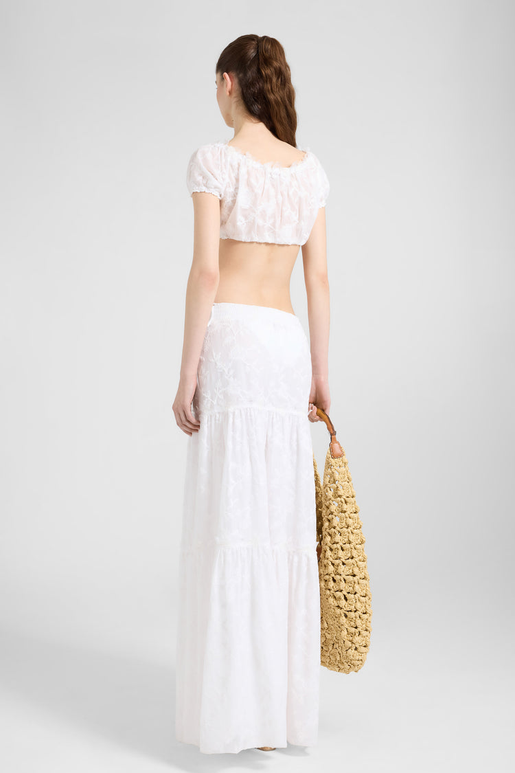 Gonna lunga in voile di puro cotone con coulisse e balze