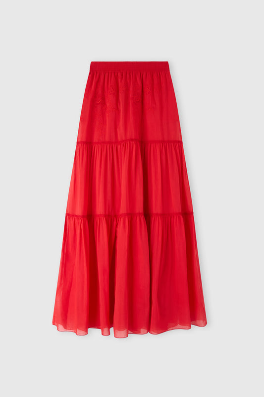 Long skirt in cotton and silk blend with tiers and lace insert