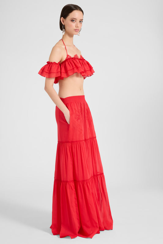 Long skirt in cotton and silk blend with tiers and lace insert