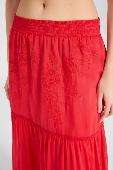 Gonna lunga in cotone e seta con balze e inserto in pizzo