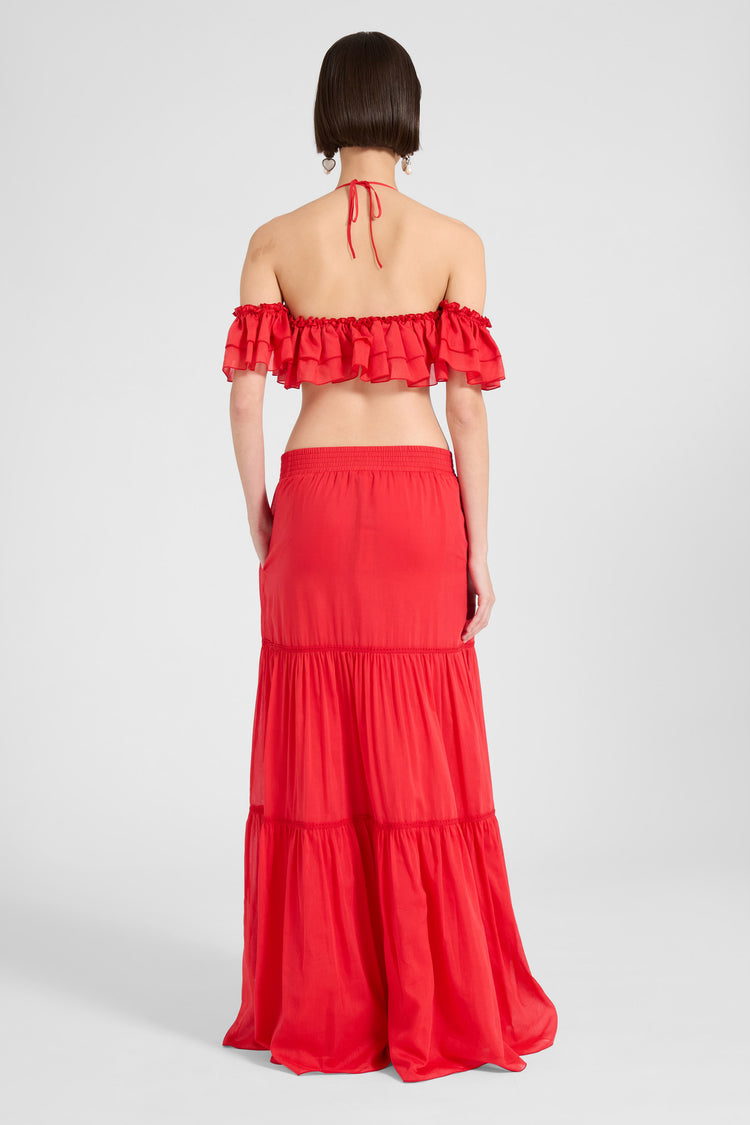 Gonna lunga in cotone e seta con balze e inserto in pizzo