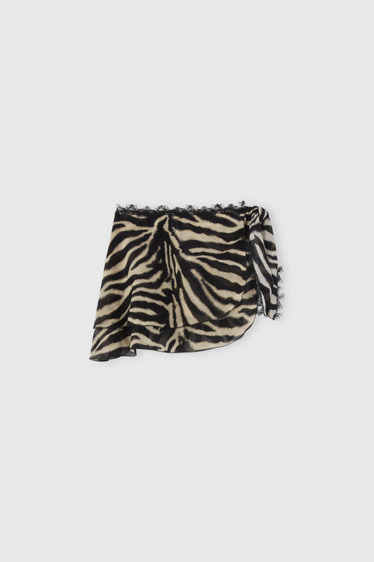 Zebra-print cotton and silk pareo mini skirt with rebrodé lace