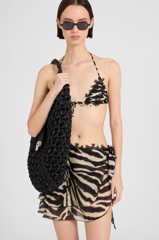 Zebra-print cotton and silk pareo mini skirt with rebrodé lace