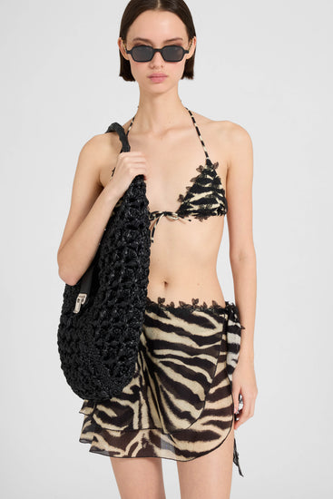 Minigonna pareo in cotone e seta con stampa zebrata e pizzo rebrodè