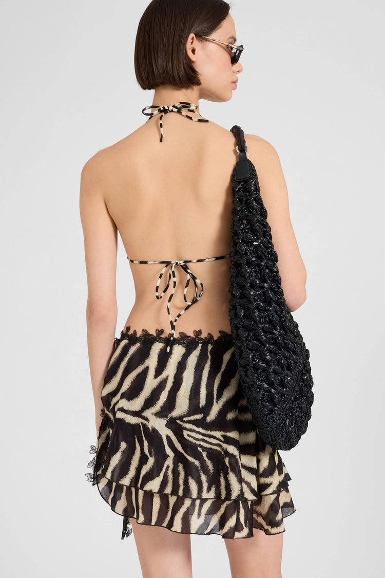Minigonna pareo in cotone e seta con stampa zebrata e pizzo rebrodè