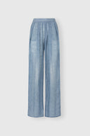 Denim-effect linen gauze palazzo trousers with drawstring waist