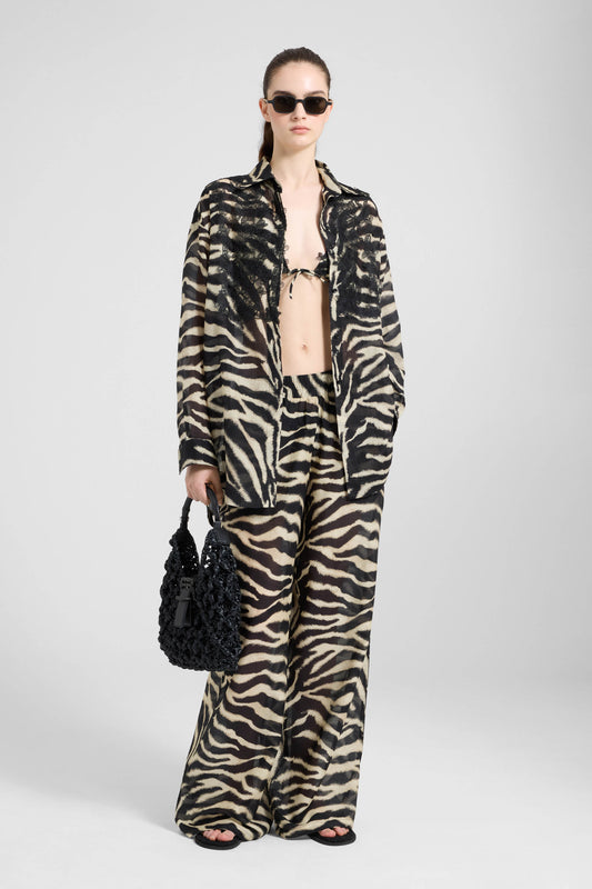 Zebra-print cotton and silk palazzo trousers with drawstring waist