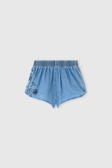 Cotton chambray shorts with hand-embroidered lace inserts