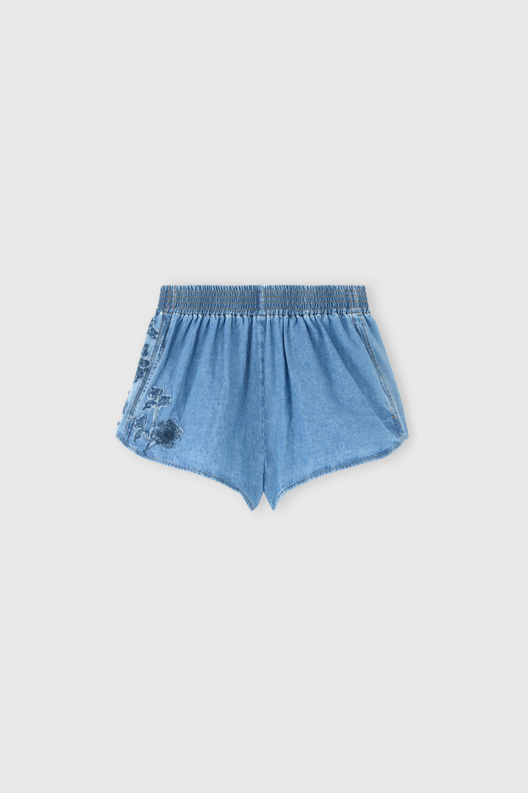 Cotton chambray shorts with hand-embroidered lace inserts