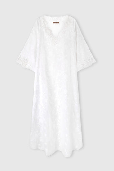Kaftano in voile di puro cotone con ricamo floreale all over