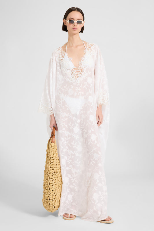 Pure cotton voile kaftan with all-over floral embroidery