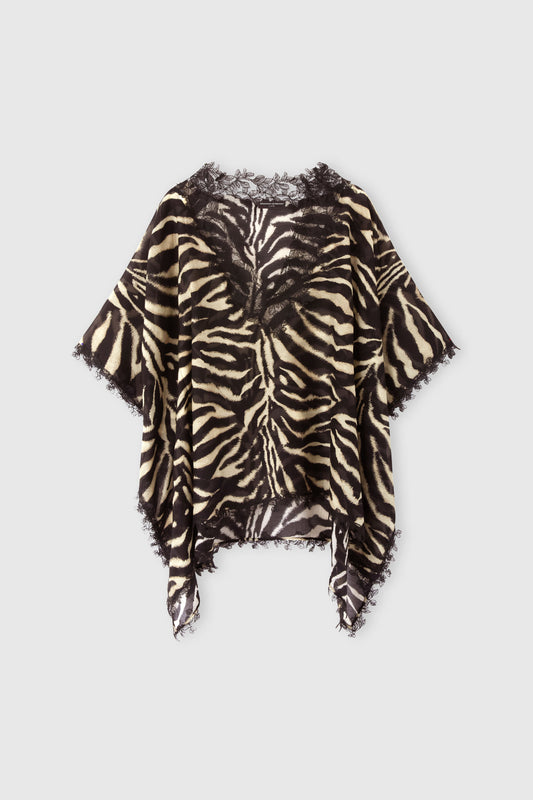 Short cotton and silk blend kaftan with zebra animalier print