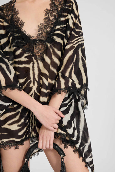 Kaftano corto in mix cotone e seta con stampa animalier zebrata