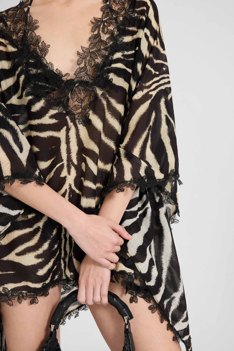 Kaftano corto in mix cotone e seta con stampa animalier zebrata