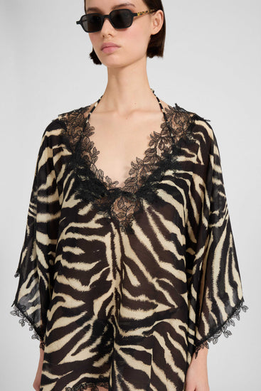 Kaftano corto in mix cotone e seta con stampa animalier zebrata