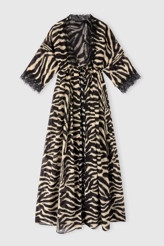 Long cotton and silk dress with zebra animalier print