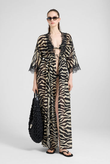 Abito lungo in cotone e seta con stampa animalier zebrata