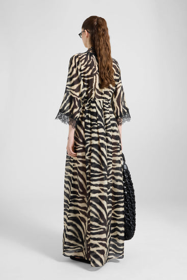 Abito lungo in cotone e seta con stampa animalier zebrata
