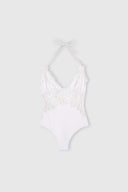 One-piece swimsuit with V-neck and macramé lace inserts