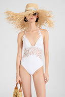 One-piece swimsuit with V-neck and macramé lace inserts