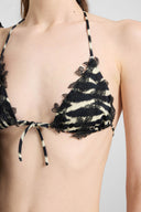Bikini a triangolo con stampa animalier zebrata e pizzo rebrodè