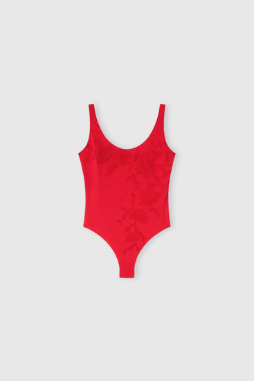 Costume intero con inserti in tulle e ricami floreali