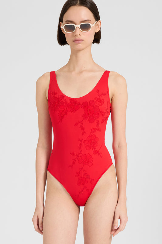 One-piece swimsuit with tulle inserts and floral embroidery
