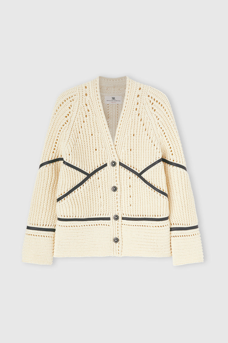 Cotton cardigan with leather trims