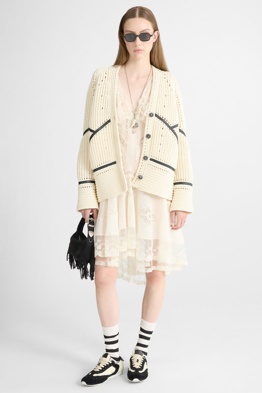 Cotton cardigan with leather trims