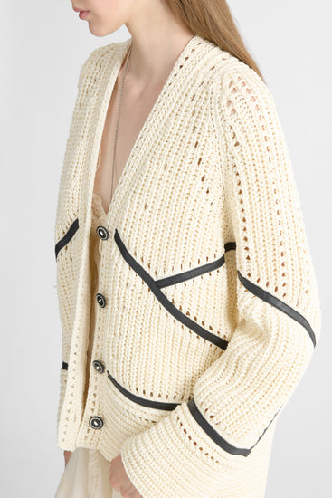 Cotton cardigan with leather trims