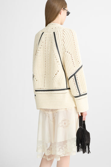 Cotton cardigan with leather trims