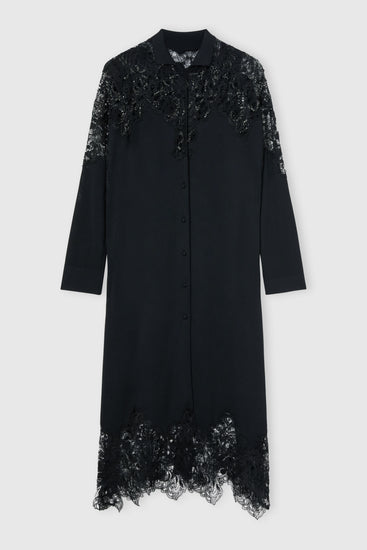 Chemisier long en viscose avec applications en dentelle et cristaux ton sur ton