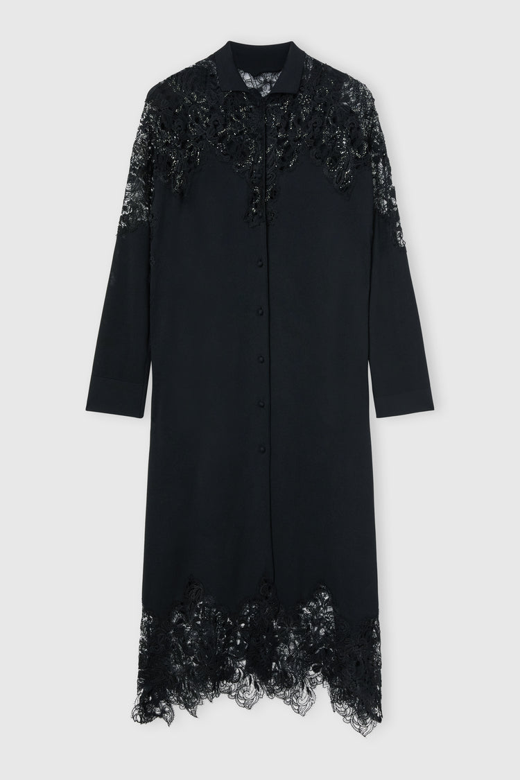 Chemisier long en viscose avec applications en dentelle et cristaux ton sur ton