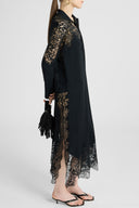 Long chemisier in viscose with lace appliqués and tone-on-tone crystals