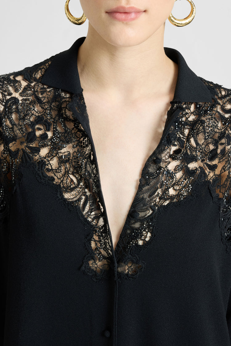 Long chemisier in viscose with lace appliqués and tone-on-tone crystals