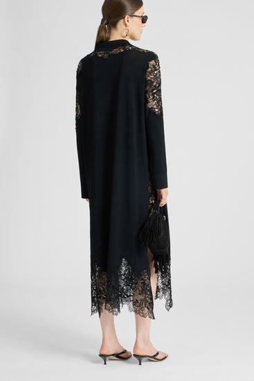 Long chemisier in viscose with lace appliqués and tone-on-tone crystals